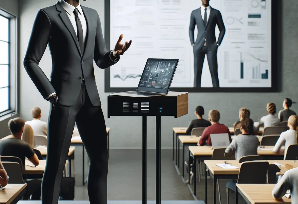 AI IMAGE: A realistic image of a black lecturer delivering a presentation in a modern classroom. The lecturer is using a laptop connected to a projector