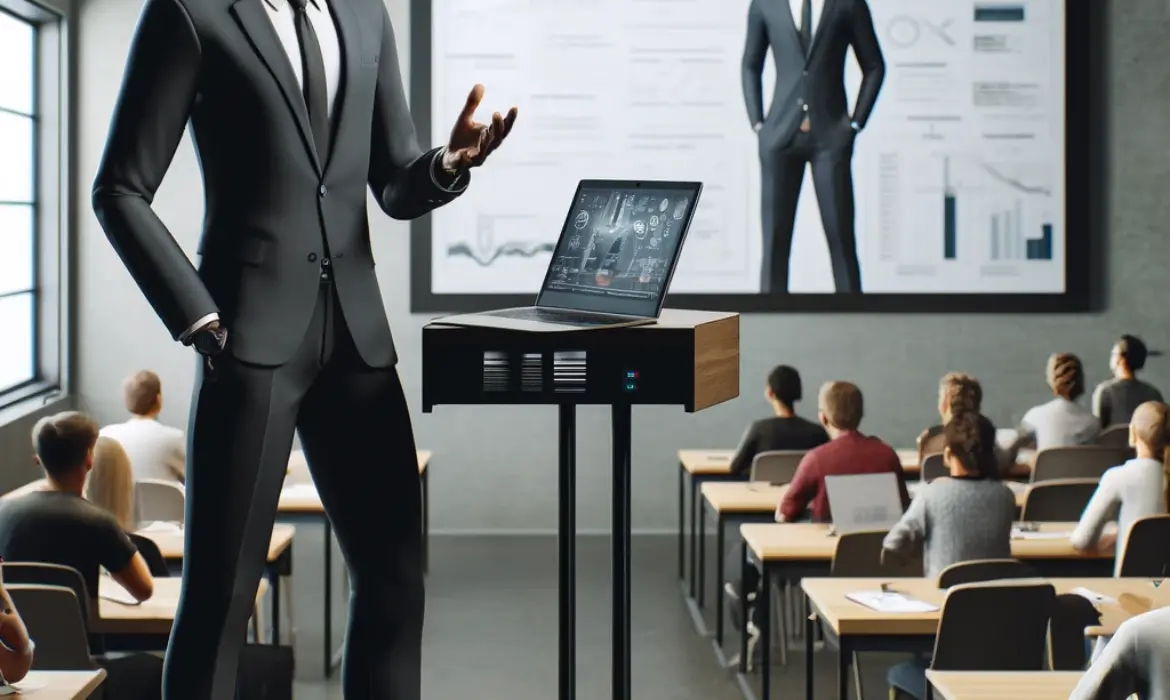 AI IMAGE: A realistic image of a black lecturer delivering a presentation in a modern classroom. The lecturer is using a laptop connected to a projector