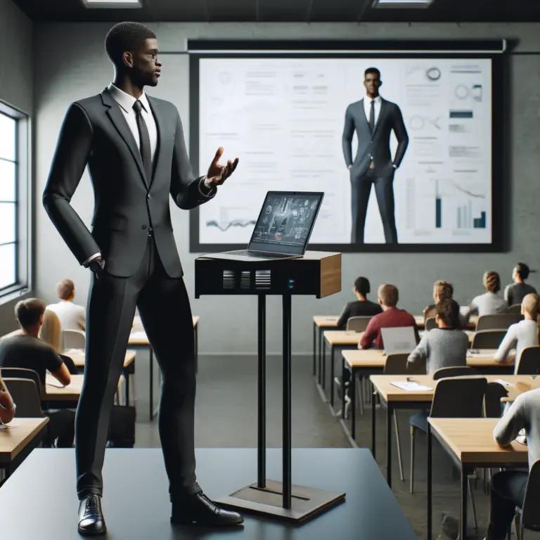 AI IMAGE: A realistic image of a black lecturer delivering a presentation in a modern classroom. The lecturer is using a laptop connected to a projector