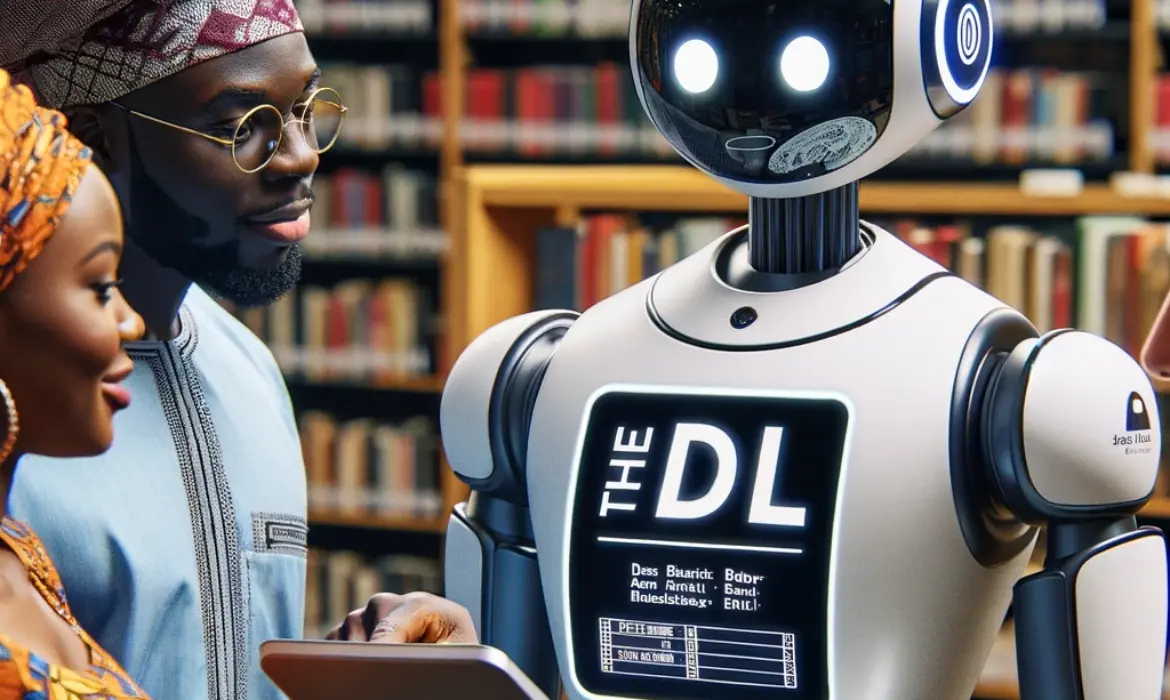 An AI robot named 'TheDL', interacting with library users.
