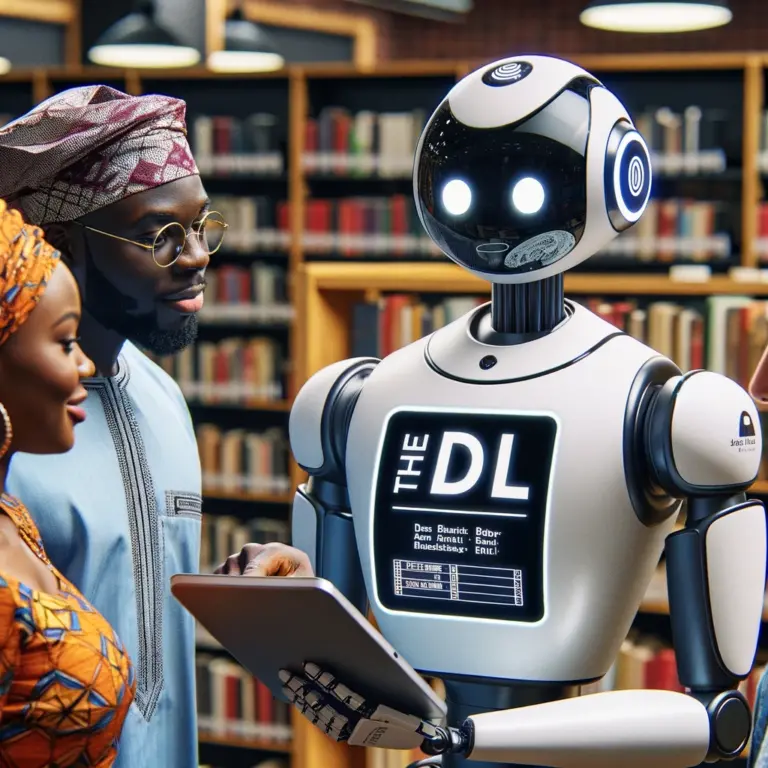 An AI robot named 'TheDL', interacting with library users.