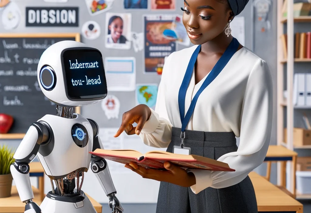 AI Image - A young Nigerian linguistics teacher, dressed in professional attire, is standing in a modern classroom. She is teaching a robot how to read.