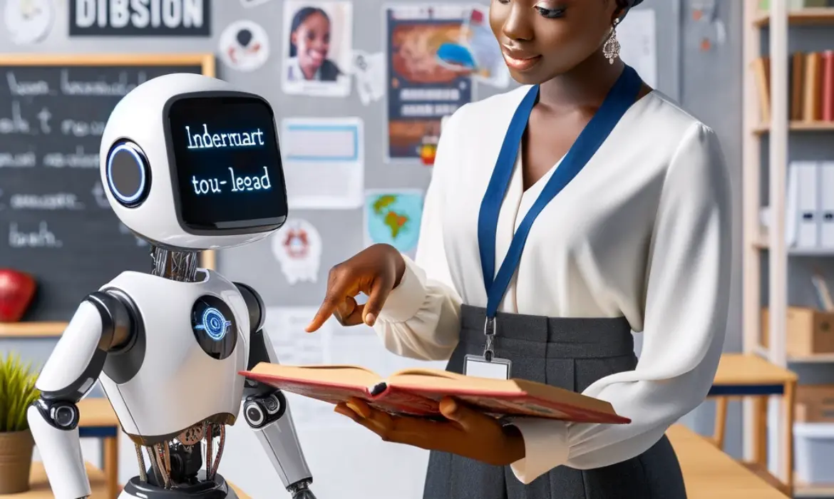 AI Image - A young Nigerian linguistics teacher, dressed in professional attire, is standing in a modern classroom. She is teaching a robot how to read.