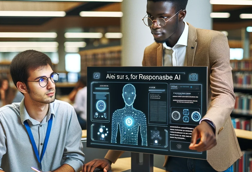 DALL·E - A young Nigerian male librarian, with medium complexion and short black hair, is actively assisting a researcher using responsible AI technology...