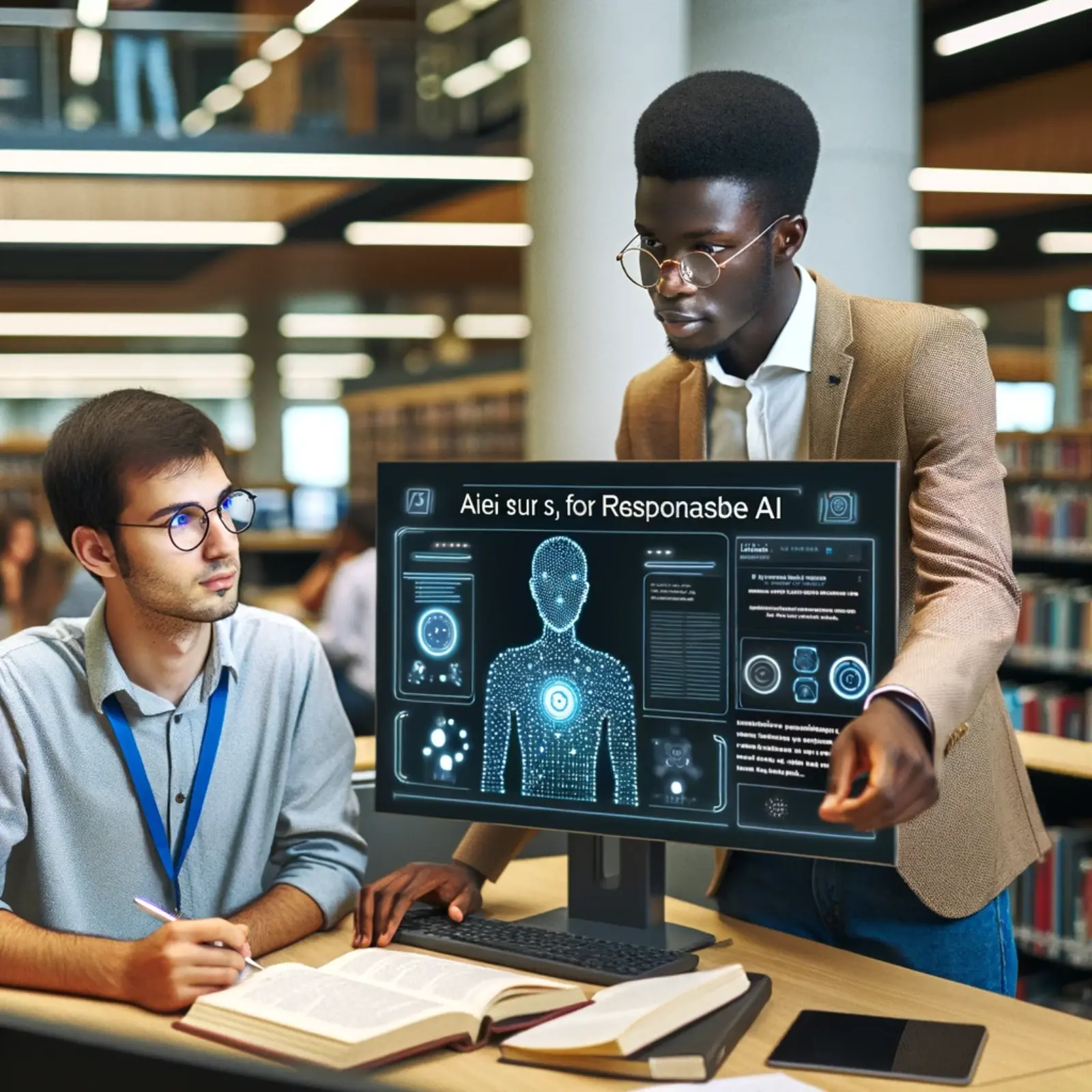 DALL·E - A young Nigerian male librarian, with medium complexion and short black hair, is actively assisting a researcher using responsible AI technology...