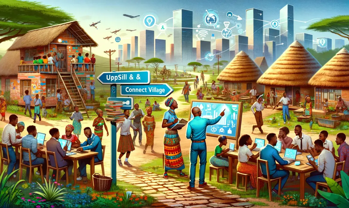 DALL-E - A vibrant modern African village named 'UPSKILL & CONNECT VILLAGE' visible on a signpost. The scene shows different groups of people learning