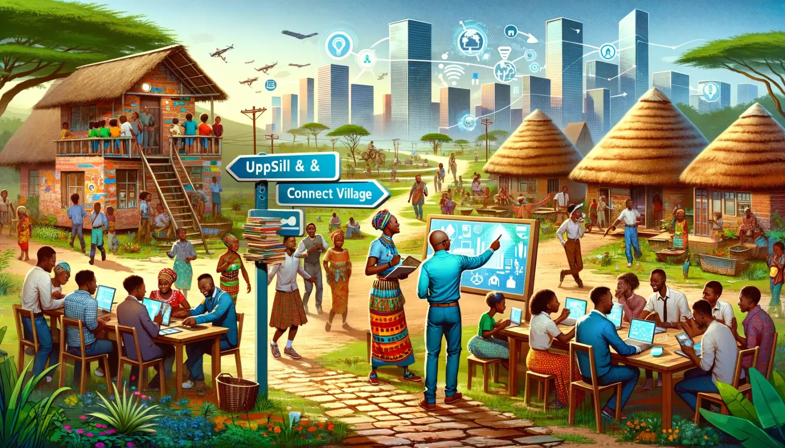 DALL-E - A vibrant modern African village named 'UPSKILL & CONNECT VILLAGE' visible on a signpost. The scene shows different groups of people learning